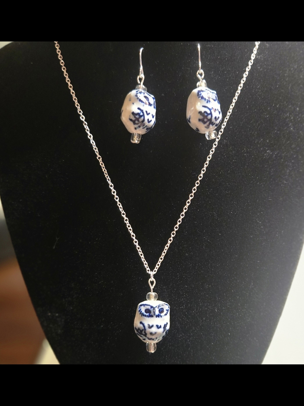 Handcrafted Blue and White Owl Pendant Necklace & Earring Set